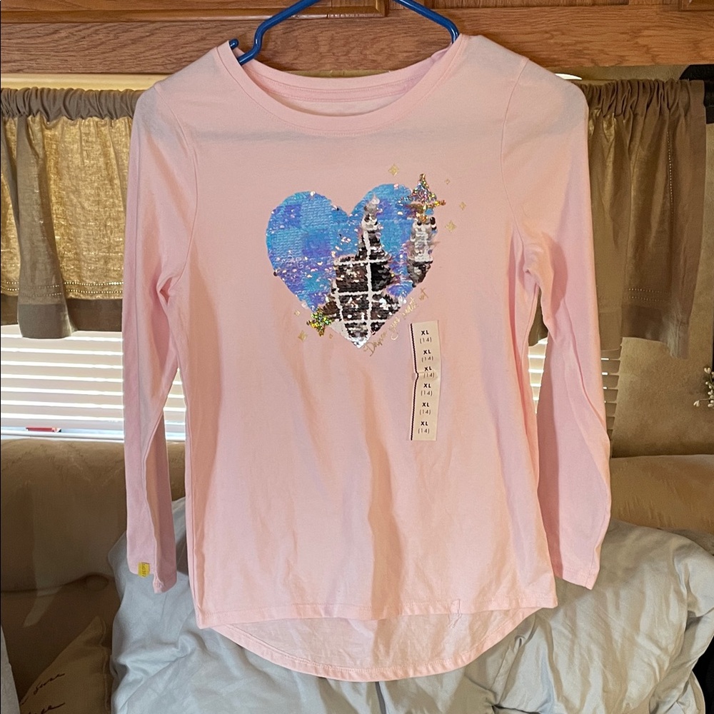 Cat & Jack Pink Long-Sleeve Tee with Reversible Sequin Heart, Sz 14